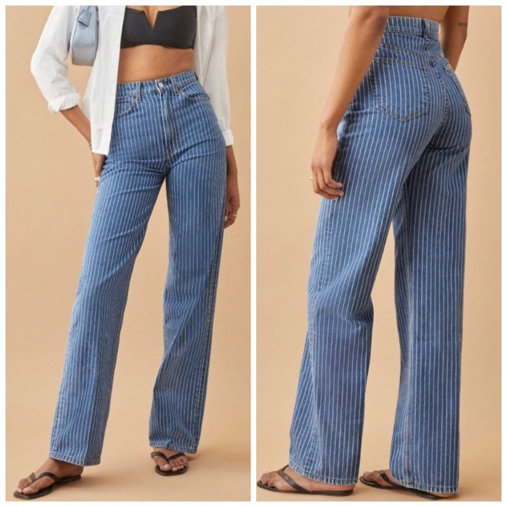 Reformation Jeans Hailey Pinstripe High Rise Wide Leg Jeans Blue Size 25 - Picture 1 of 7